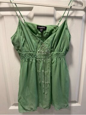 Bebe NWT Y2K Silk Beaded Cami Green Small Embellished Festival